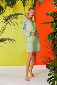 คอลเลคชั่นใหม่2025ชุดเดรสแขนสั้นปักลายดอกไม้สไตล์โบฮีเมียนสีเขียวมะนาวลายดอกไม้สไตล์โบฮีเมียนพร้อมพู่ประดับ - Product Image 2