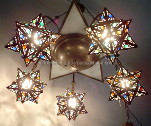 BR48 Large Antique Moroccan <b>Star</b> Fixture Modern Indoor Home <b>Lighting</b> Antiqued Brass Iron Glass Jewel Chandelier for Hotels <b>Rooms</b> - Product Image 1