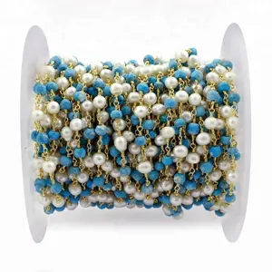 Cadena de cuentas de plata de primera ley con gemas para collar, cadena de eslabones, abalorios, plata esterlina, color turquesa, forma redonda - Product Image 1