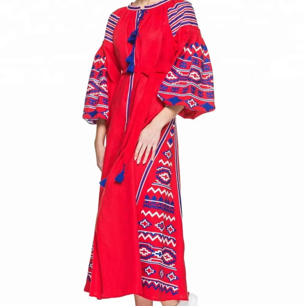 Exigeants Sensuelle l'ukraine mode magnifique bleu & blanc brodé rouge longue ukrainienne robe gland cravate relaxant costume