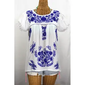 Boho Stijl Dames Meest Gevraagde Mexicaanse Borduren Blouse 100% Katoen Stoffen Pofmouwen Blouse