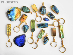 Porte-clés en pierre de guérison de cristal naturel Labradorite, mignon, plaqué argent, unisexe, pierre précieuse - Product Image 2
