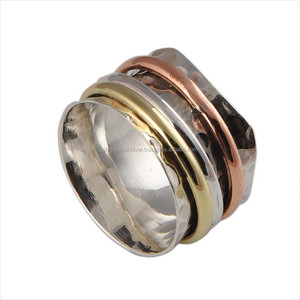 925 Sterling <b>Silver</b> Tri Metal <b>Spinner</b> <b>Ring</b> Handmade Hammered Base Brass Copper 3 Band Relief Classic Unisex Anxiety Meditation - Product Image 1