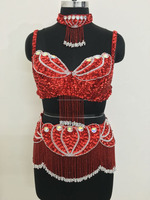 Trajes de Danza del Vientre Profesionales para Mujer, Estilo Sexy, Conjunto Egipcio de 3 Piezas, Satén, para Competición, Tribal, con Sujetador, Cinturón y Collar