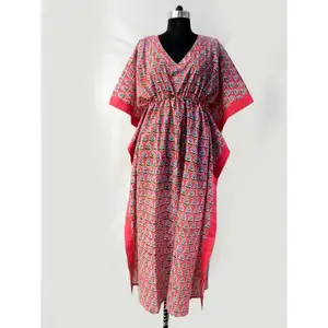 Indiase Handgemaakte Naaien Craft Vrouwen Lange Kaftan Jurk Beste Productie Hand Blok Pure Katoenen Tuniek Vrouwen Jurk