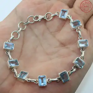 Эксклюзивный 925 кольцо из стерлингового серебра с голубым топазом граненый драгоценный камень браслет оптовая продажа индийских серебряный браслет