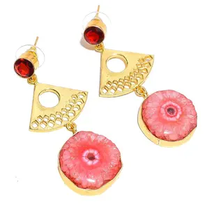 Super Sweet Fancy & Round Solar Quartz Druzy Garnet Gemstone Brass Earrings, Gold Plated Brass Jewelry, Exporter and Wholesaler