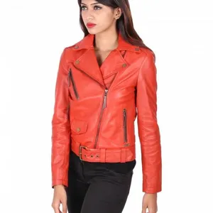 工厂制造品牌时尚女性红色骑自行车真皮夹克时尚2021OEM