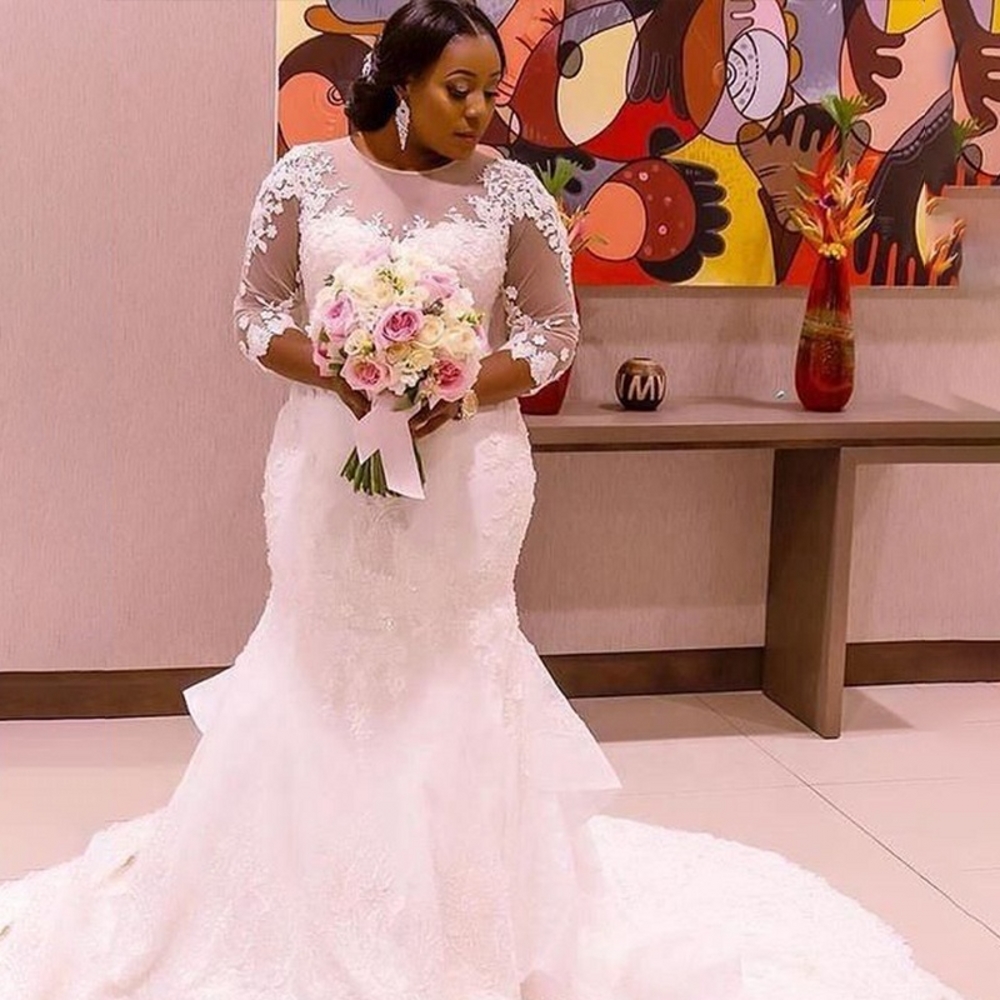 2025 South African Wedding Dresses Plus Size Lace Applique Mermaid Three  Quarter Bride Dresses