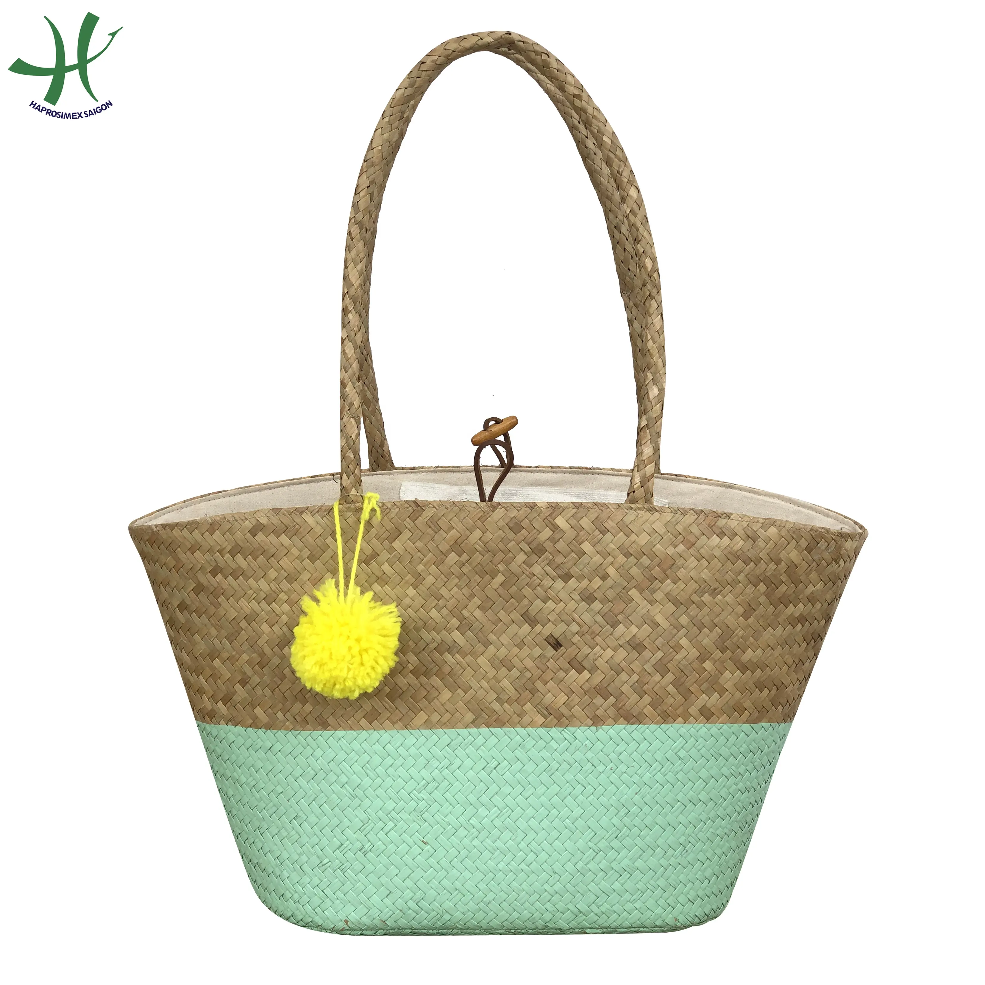 Schöne neue Seegras Strand tasche Stroh Einkaufstasche Für Frauen, tägliche Einkaufstaschen mit Pompon
