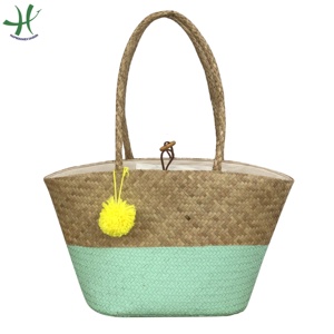 Hermoso nuevo bolso de playa de algas marinas, bolso de mano de paja para mujer, bolsos de compras diarios con pompón - Product Image 1