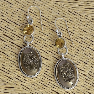 Oval Golden Druzy Yellow Citrine Gemstone 925 Sterling Silver With Silver Plated Earrings jewelry Fashionable Earring For Women. - Product Image 3