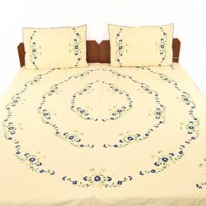 Sábana de cama de Narciso con flores azules bordadas hechas a mano, hojas verdes, Sábana India al por mayor - Product Image 1