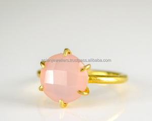 ชมพู Chalcedony,แหวนอัญมณี,เงินแท้925,ชุบทอง,ซ้อน,ทำด้วยมือ - Product Image 1
