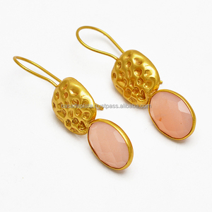 Piedra preciosa de Calcedonia rosa, Plata de Ley 925 sólida, pendiente chapado en oro Vintage, fiesta romántica, aniversario de boda, compromiso - Product Image 1