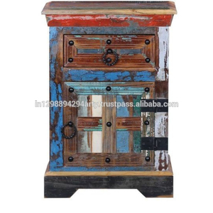 Table de chevet en bois massif récupéré 1 tiroir 1 porte Meubles de chambre à coucher de style indien moderne et antique pour la maison - Product Image 2