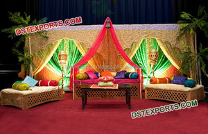 Punjabi musulmán satén Mehndi Sangeet decoraciones de escenario boda india Mehandi Sangeet decoraciones tendencia Mehendi decoración de escenario Reino Unido - Product Image 5