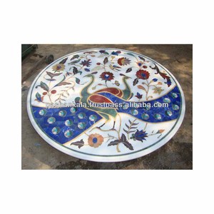 Haut de Table basse avec incrustation de marbre blanc, Design de paon - Product Image 1