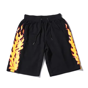 आग लपटें मुद्रित पसीना शॉर्ट्स पुरुषों के ग्रीष्मकालीन कपास आकस्मिक लोचदार कमर Drawstring शॉर्ट्स हिप हॉप Sweatpants शॉर्ट्स