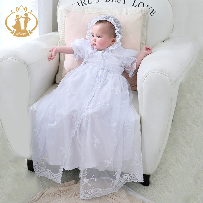 Vestido De Bautizo Para Bebé Niña - Largo, Blanco, Con Bordados, Incluye Gorro Y Calcetines, 80% Poliéster 20% Algodón