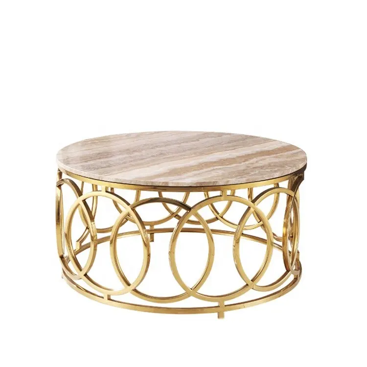 Mesa de centro con patas doradas, diseño moderno de lujo, travertina de mármol