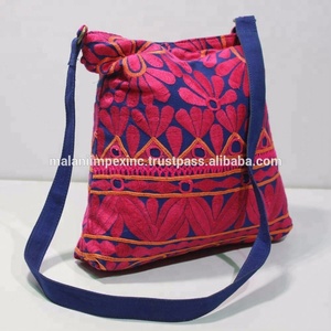 Gujrati-Bolsos de falda con correa de cuero, bolso de hombro bordado a mano vintage indio, multicolor - Product Image 2