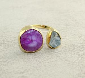 Grossiste indien rose quartz solaire et aigue-marine pierres précieuses bague en laiton 24K plaqué or bague réglable unisexe anneau de déclaration - Product Image 1
