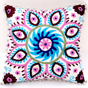 Handmade Indian Square White Cotton <b>Sofa</b> Decorative Pillow Case Embroidered Suzani Woolen Zippered Cushion <b>Cover</b> Home Wholesale - Product Image 4