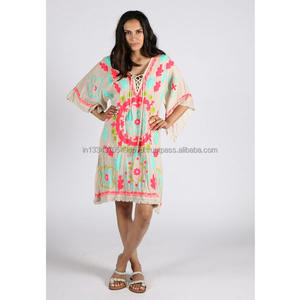 Meilleur Offre Spéciale Audacieux Look Bohème Écrasé Coton Bio 3/4 Flare Manches Genou Longueur Couleur Néon Femmes Brodées Suzani Robe - Product Image 1