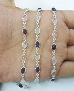 Pierre de lune, Améthyste et Quartz Rose Ovale 8x10mm Lunette Station Connecteur de Pierres Précieuses Chaînes-Plaqué Argent Chaîne Collier - Product Image 1