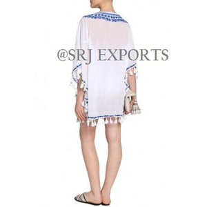 '60s Bohemian Styles Rayon White Decorated Vibrant Blue Embroidery Tassels Neck <b>Women</b> <b>Beach</b> Resort Wear Kaftan <b>Cover</b> <b>Up</b> Poncho - Product Image 3