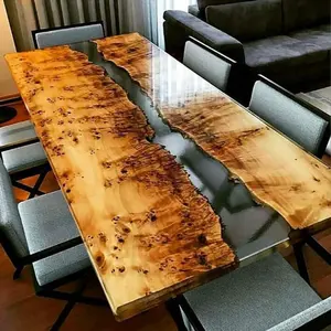 Table à manger indienne en bois massif, résine époxy Antique, avec pieds en métal