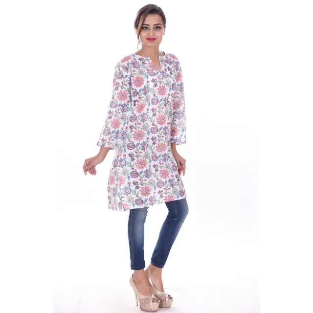 Vrouwen Dragen Hand Made Blok Gedrukt Meisjes Tuniek Top Designer Korte Kurtis Blouse