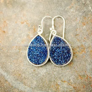 Druzy Anting-Anting Tetesan Air Mata Biru Dongker, Anting Menggantung Hadiah Valentine