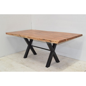 Mesa de Comedor de Estilo Industrial Moderno con Tapa de Madera de Acacia con Borde Natural y Patas de Metal para Cafetería, Bar, Salón, Área de Comida, Restaurante - Product Image 1