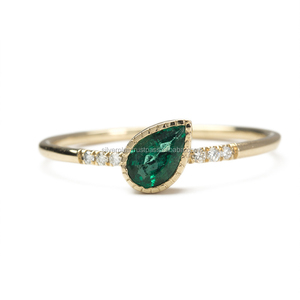 Pear Shape Zambia Emerald Gemstone SI Clarity G-H Color Diamond <b>Ring</b> Solid 14K Yellow Gold Wholesale Jewelry - Product Image 1