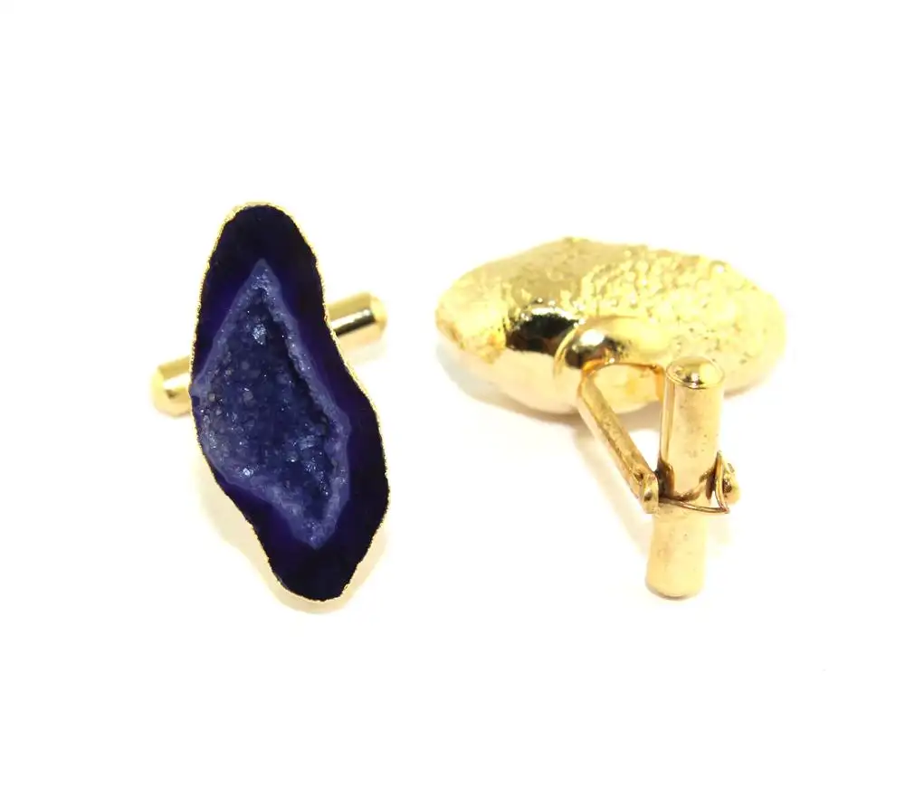 Wholesale factory supply blue geode druzy cufflink brass gold plated cufflink groom wedding cufflinks