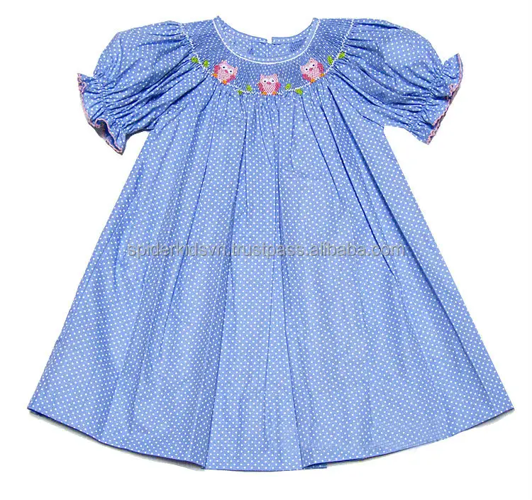 Infant/Tolder Girl Blue Polka Dot Smocked Cute Owl Bishop Dress