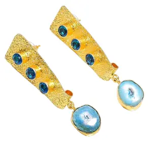 Solar Quartz Druzy Blue Topaz Quartz Gemstone Real <b>Brass</b> Earrings Handmade Jewelry Bulk Wholesale Gold Plated <b>Jewellery</b> - Product Image 1