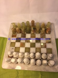 Carved and Polished Green <b>Onyx</b> and White Marble <b>Chess</b> <b>Set</b> with Figures - Product Image 5