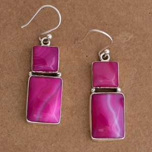 Boucles d'oreilles à deux pierres précieuses en agate de dentelle rose en argent sterling 925 avec boucles d'oreilles à la mode romantiques plaquées argent pour les femmes - Product Image 3