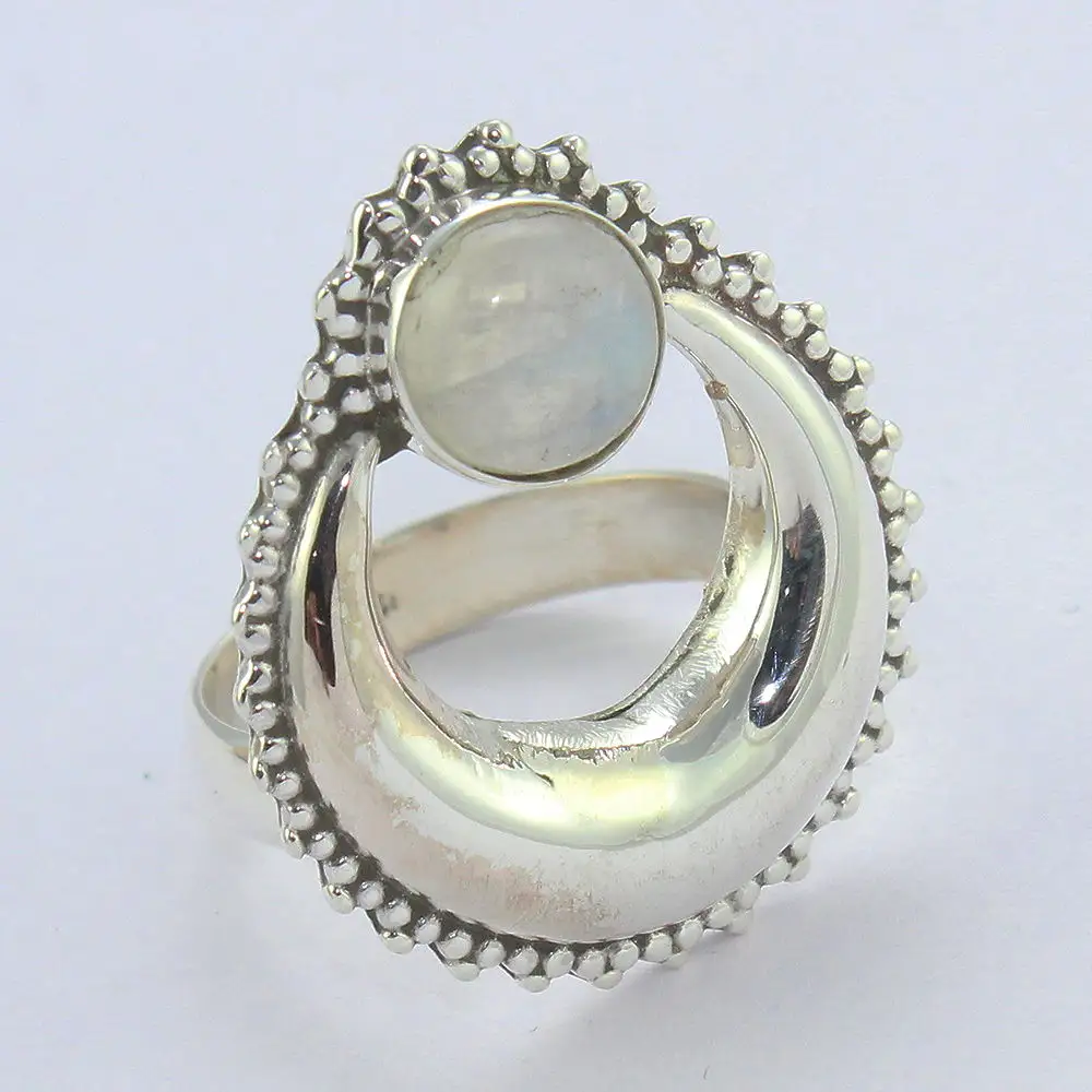 Uncanny Cincin Perak Moonstone Pelangi, Perhiasan Perak Buatan Tangan Perak Murni 925