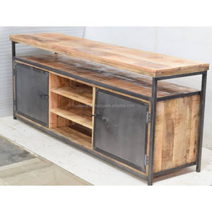 Buffet en bois de manguier de style industriel moderne européen extra long, meuble de rangement pour la maison, affichage pour le bureau, le salon, en fer et en métal - Product Image 1