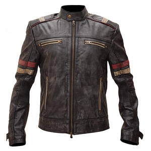 Chaqueta De Cuero Marrón A Rayas Retro Para Hombre, Estilo Cafe Racer Con Cuello Alto, Marrón