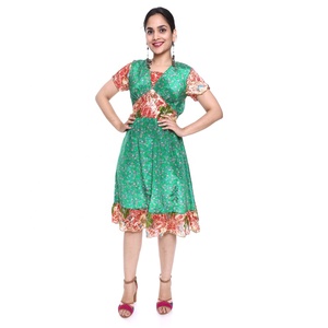 Green Floral Print V-Neck Cap Sleeve Midi Dress With Ruffle Hem Casual A-Line Summer Wear - Product Image 1