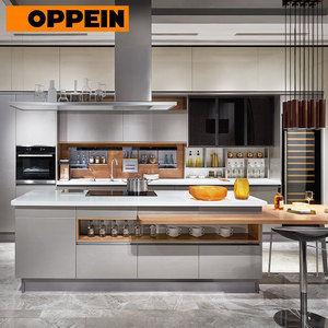 Mobili da <span class=keywords><strong>Cucina</strong></span> Lineari in Lacca <span class=keywords><strong>Grigio</strong></span> Argento Lucido con Isola, Armadi Modulari Moderni in Acciaio Inossidabile - Product Image 1