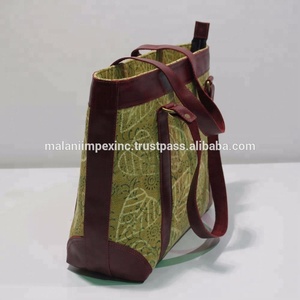 Bolso de Mano de Algodón con Estampado Artesanal, Moda Sostenible, Bolso Tote al por Mayor, Bolso de Compras Tradicional Indio de Algodón con Asa de Cuero - Product Image 3