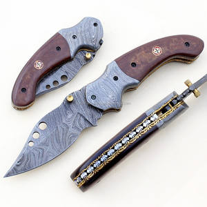มีดพับพกพาเหล็กดามัสกัสทำด้วยมือพับได้ใบมีดไม้ใช้งานในอุตสาหกรรมงานหนัง - Product Image 3