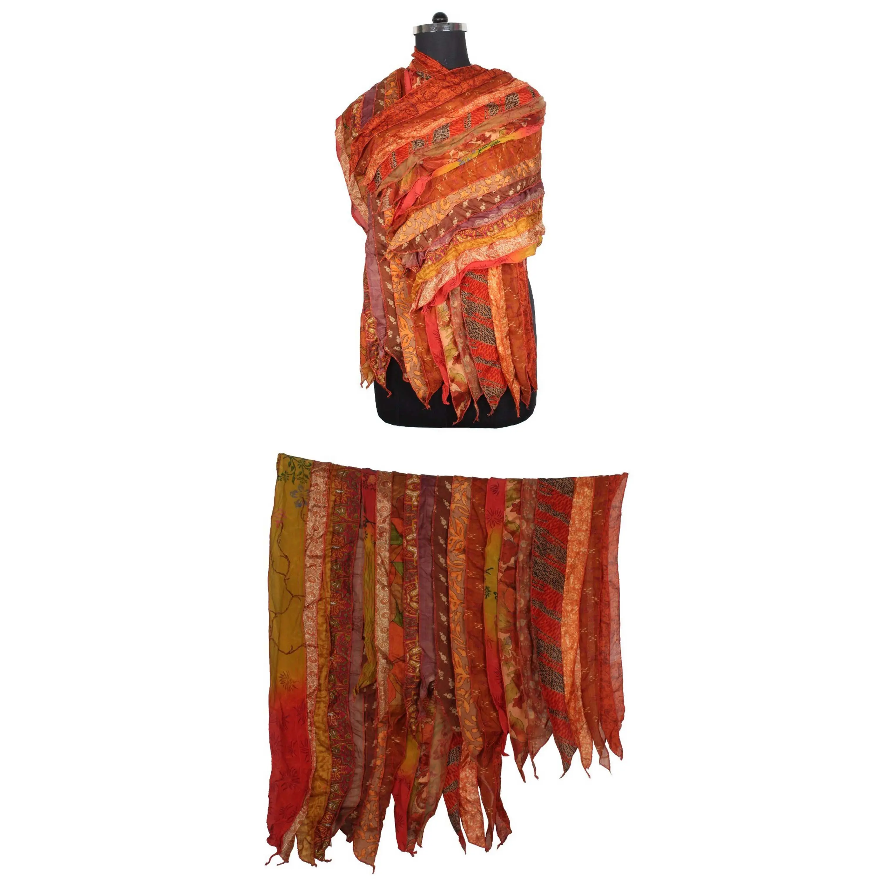 Fornitore all'ingrosso sciarpe Sari di seta Vintage fatte a mano dal design indiano Sari toppe sciarpa reversibile sciarpa colorata a righe
