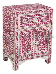 Handmade bên bảng với ngăn kéo cho đồ nội thất phòng ngủ màu hồng xương Inlay đầu giường Ấn Độ mẹ của Ngọc Trai Inlay Tủ đầu giường - Product Image 2